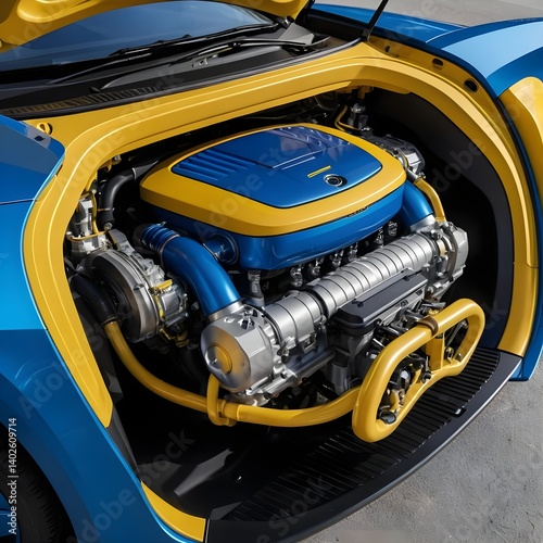 Custom Blue and Yellow Car Engine Detail