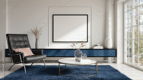 Obraz na płótnie The image showcases a well-lit, modern living room with a blue and white color palette. The space is designed in a contemporary style with comfortable furniture arranged for relaxation. w salonie