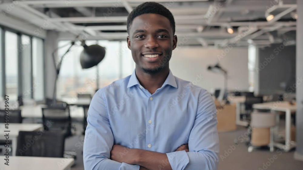 Young professional in a business setting. Office interior with modern furniture.