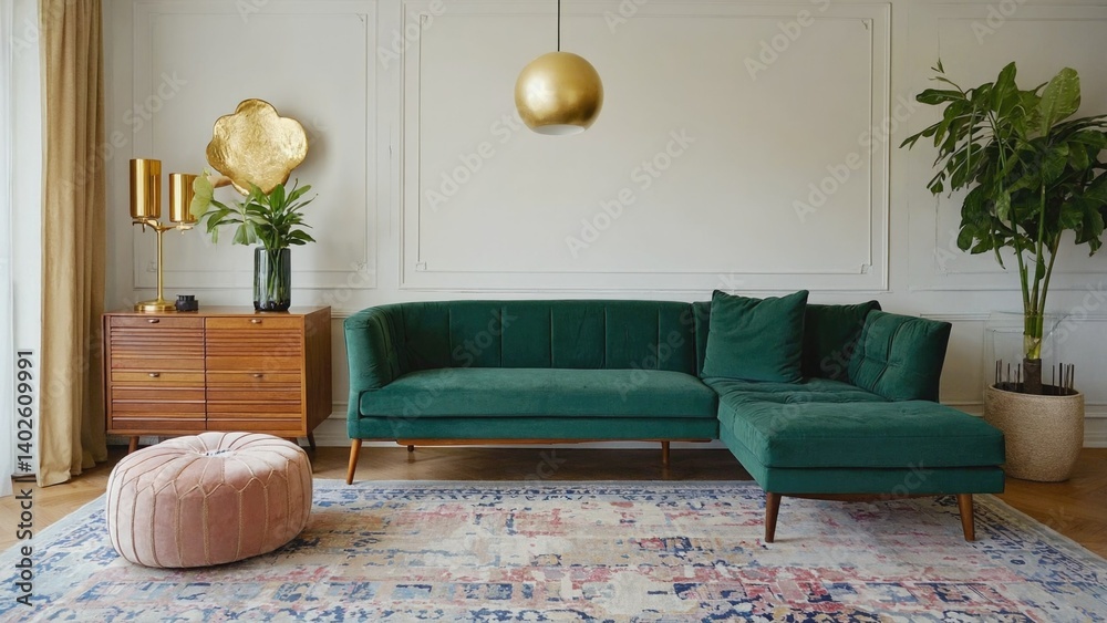 A stylish and comfortable modern living room with green couches, a rug on the floor, a coffee table and framed wall art. The room is accented with decorative lights and potted plants.