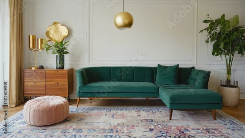 Obraz na płótnie A stylish and comfortable modern living room with green couches, a rug on the floor, a coffee table and framed wall art. The room is accented with decorative lights and potted plants. w salonie