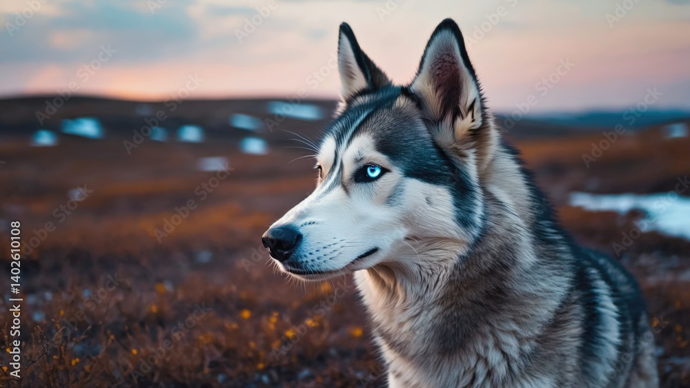 A Siberian Husky in a snowy landscape. A majestic and intelligent breed known for its strength, endurance and thick coat.