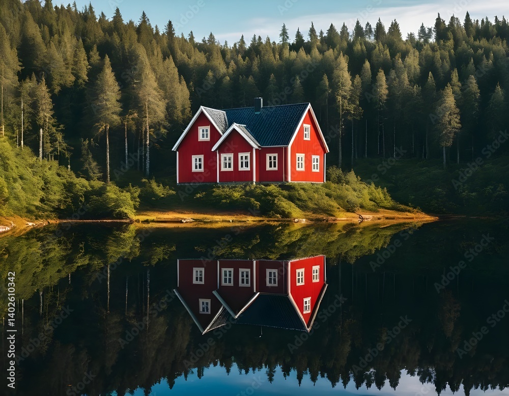 Obraz premium Red Cabin Reflection on Calm Lake