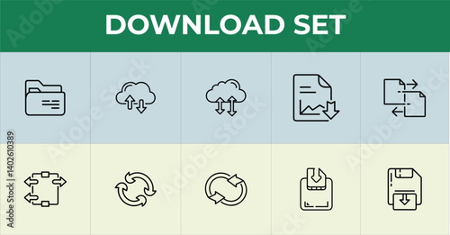 Download and upload line icon set featuring cloud storage, arrow, folder, and file transfer elements photo