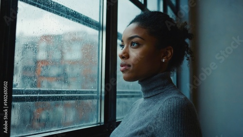 Obraz na płótnie A young woman lost in thought while gazing out a rainy window, contemplating her inner world. w salonie