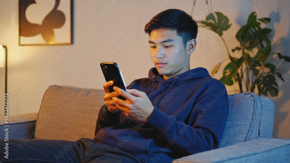 A young man relaxed on a couch, engrossed in his smartphone. Communication and technology are depicted.