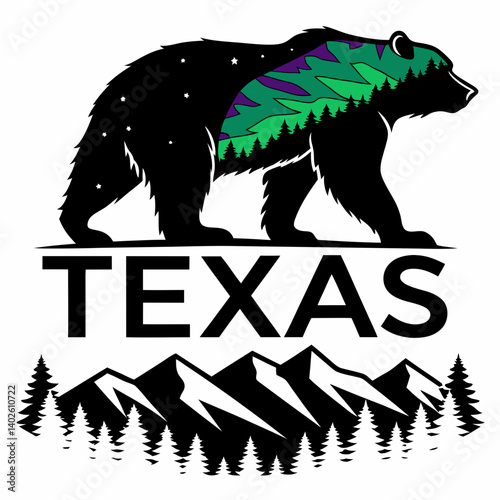 Texas Black Bear Silhouette Aurora Borealis Mountains Trees Starry Night Landscape Vector Illustration Logo Nature Outdoors Wildlife Creative Digital Graphic Design