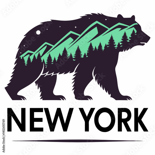 New York Bear Silhouette Mountain Trees Starry Night Vector Design