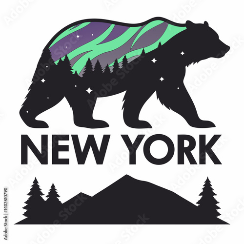 New York Bear Silhouette Aurora Night Sky Mountains Vector Art