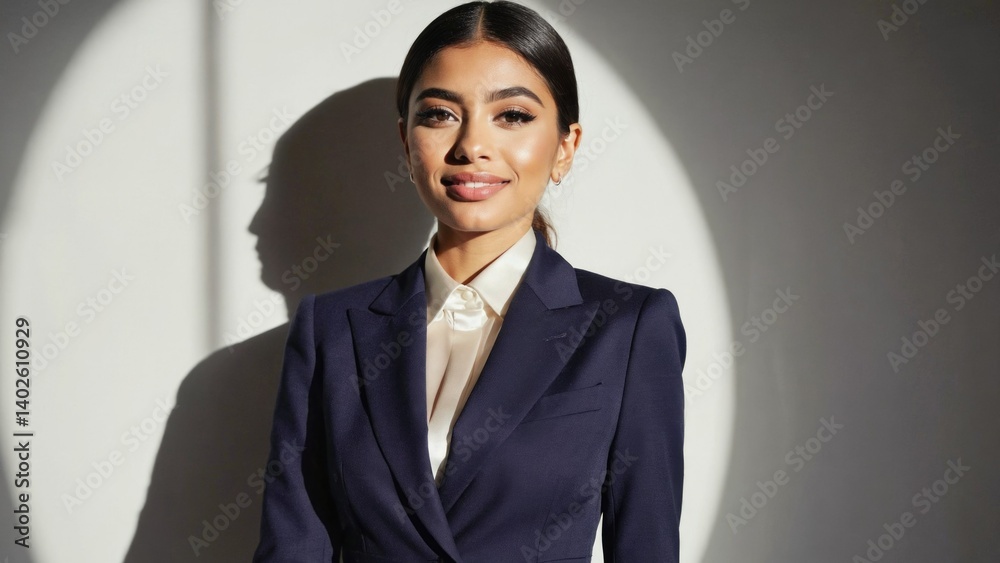 Young professional woman wearing a business suit with shadow behind her on an office setting.