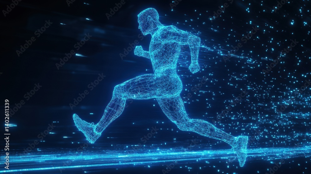 Naklejka premium Runner in motion captured as a glowing digital wireframe silhouette, showcasing athleticism and energy in a futuristic design