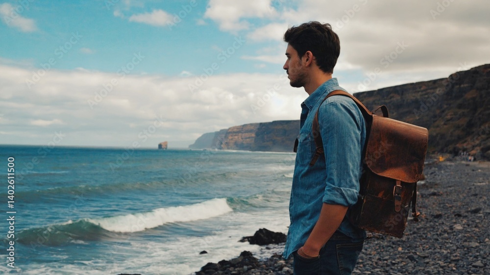 A young man carrying a backpack stands contemplatively at the edge of an ocean cliff, gazing into the distance.