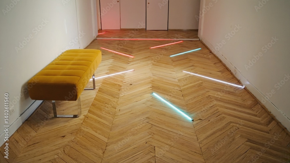 Elegant, modern interior with geometric light patterns on the floor and wall decorations. Includes a sleek bench.