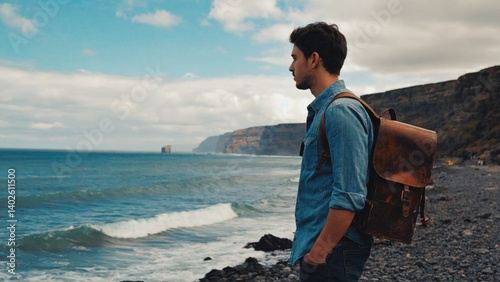 Obraz na płótnie A young man carrying a backpack stands contemplatively at the edge of an ocean cliff, gazing into the distance. w salonie