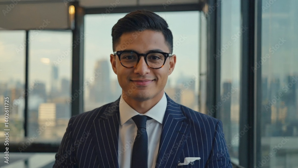 A professional male in a suit and glasses standing in an office with a city skyline view. A professional male in a suit and glasses standing in an office with a city skyline view.