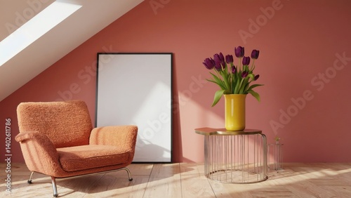Obraz na płótnie Minimalistic living room with modern furnishings. Couch against pink wall, vase of flowers on a coffee table. w salonie