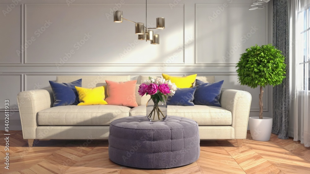 Design with modern furniture, neutral color palette, and decorative accents