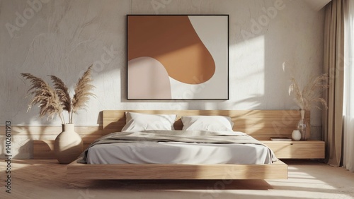 Spacious bedroom, clean lines, minimalist decor, natural light from windows.