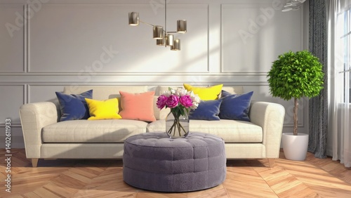 Obraz na płótnie Design with modern furniture, neutral color palette, and decorative accents w salonie