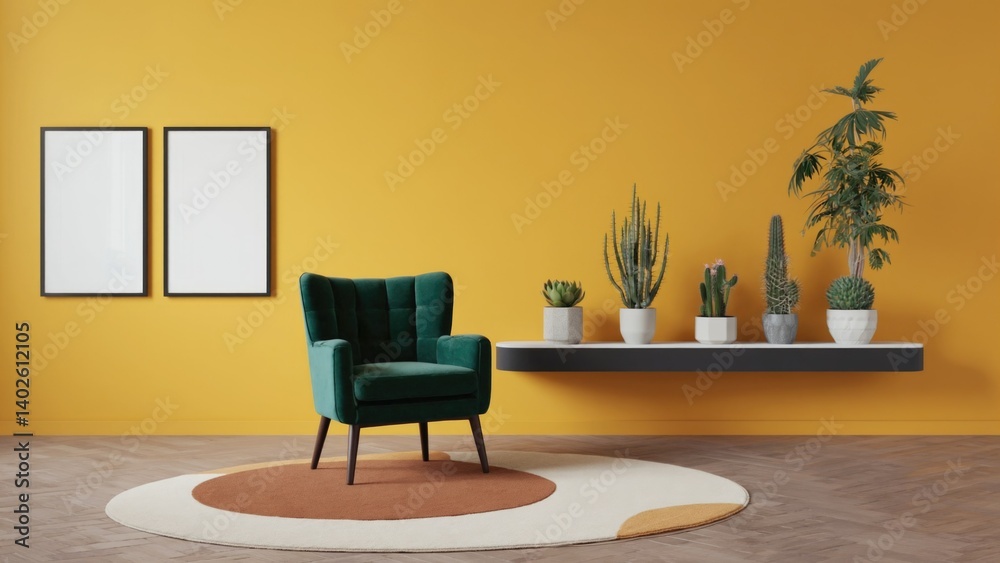 Vibrant and modern living room featuring a green velvet couch, textured rug, and minimalist decor with abstract art. A comfortable space to relax with indoor plants as accents.