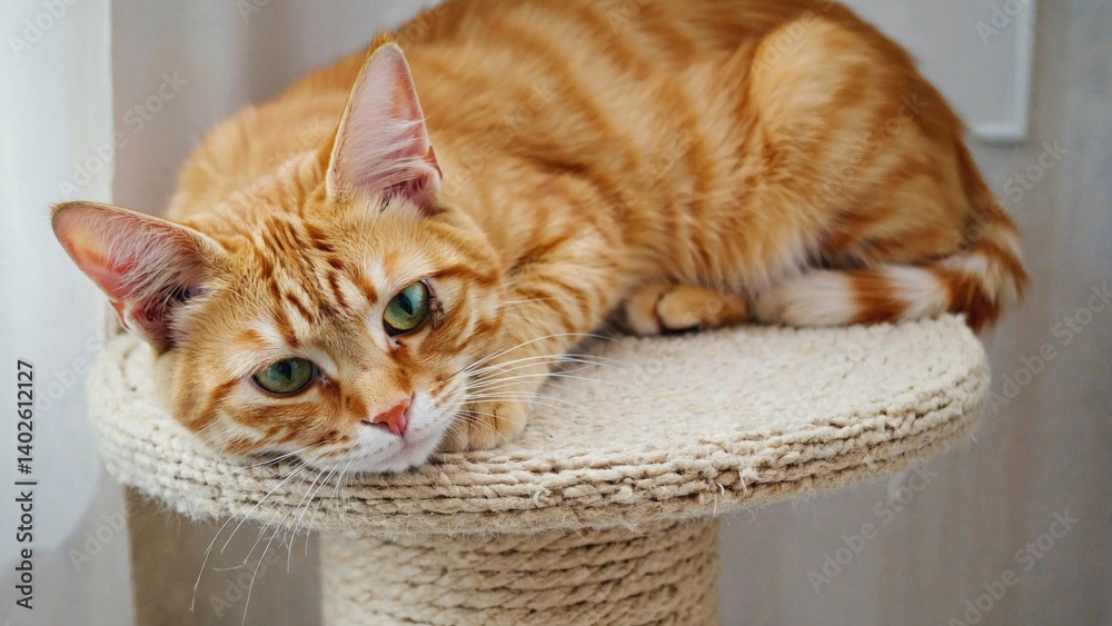 Fat orange kitten laying on scratching post, looking sad