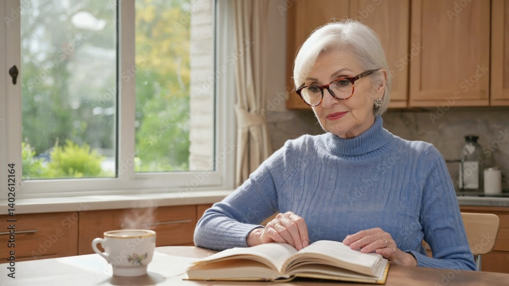 An older woman sitting at a table with a coffee cup, engaged in the tranquil act of reading from an open book.