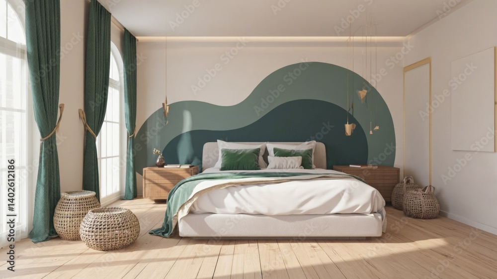 This image features a modern bedroom with a seaside-inspired art theme. The room is designed with a minimalist approach, using muted colors and natural materials to create a serene and stylish space.