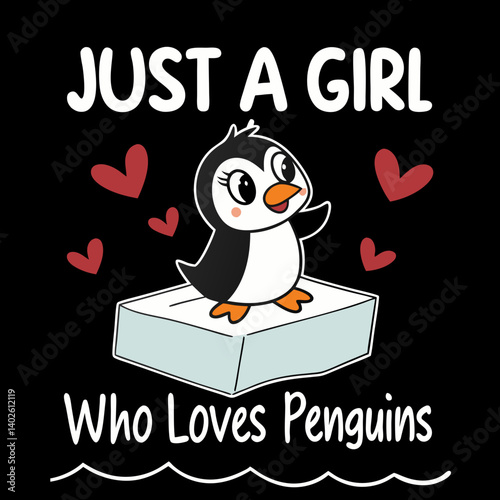 Adorable Cartoon Penguin Girl Loves Penguins Heart Ice Block Vector Graphic Design T-Shirt