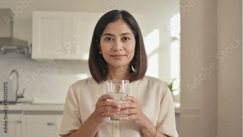 Obraz na płótnie Health-conscious woman drinking water in a modern kitchen. w salonie