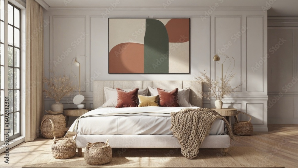 Decorated with contemporary style, neutral tones, and minimalist design elements.