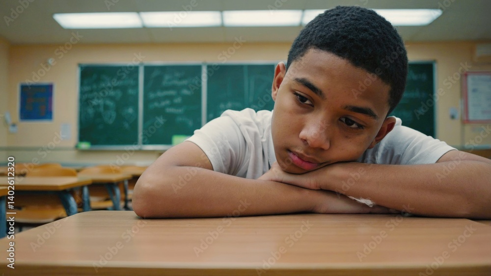 A young student rests his chin on a wooden desk in a classroom.