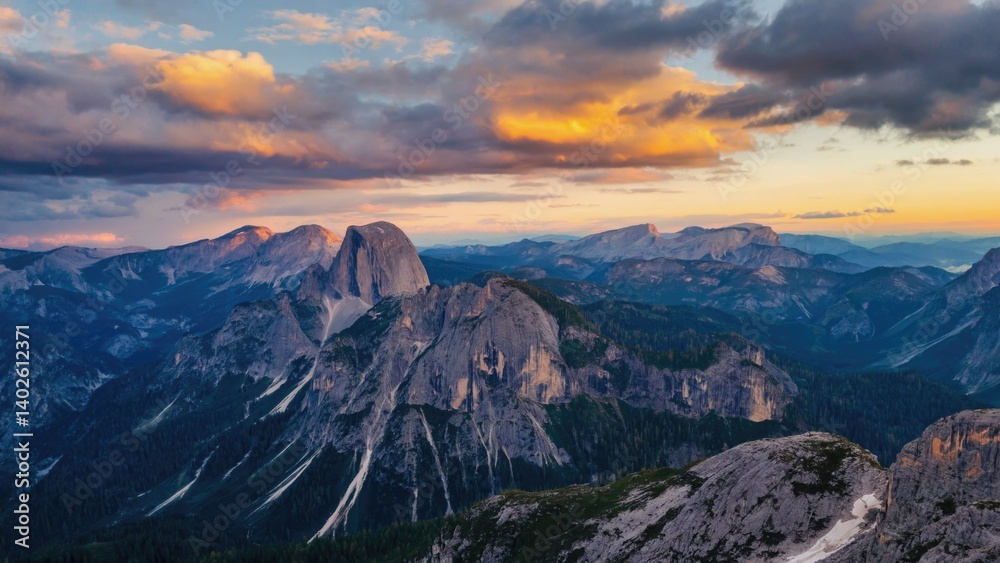 Scenic mountainous view at sunset.