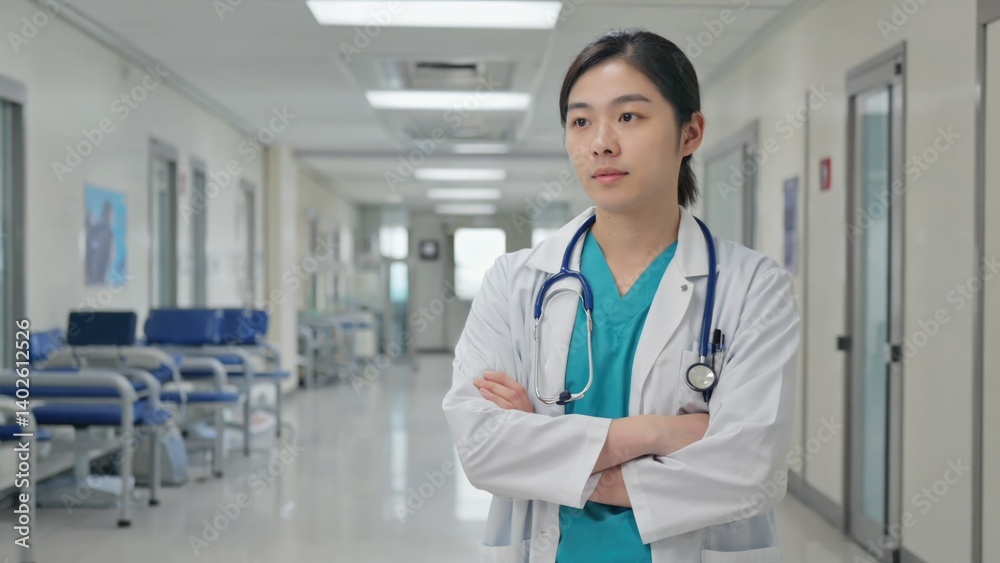 Asian female doctor wearing white coat, stethoscope, and standing confidently with arms crossed