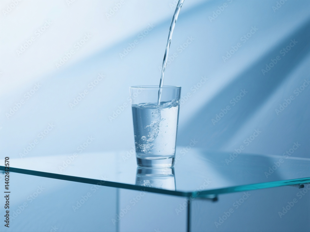 pouring drinking water in a transparent glass isolated on abstract background with glass table, water resource concept with copy space