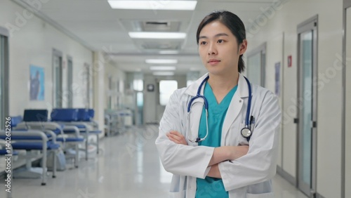 Obraz na płótnie Asian female doctor wearing white coat, stethoscope, and standing confidently with arms crossed w salonie