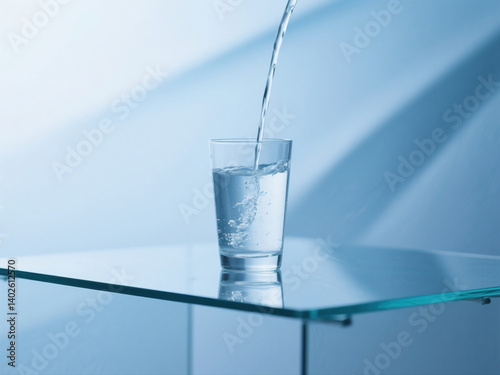 Obraz na płótnie pouring drinking water in a transparent glass isolated on abstract background with glass table, water resource concept with copy space w salonie
