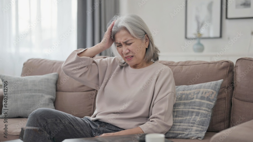 Middle-aged woman experiencing discomfort, holding her forehead and sitting on a couch in a living room.