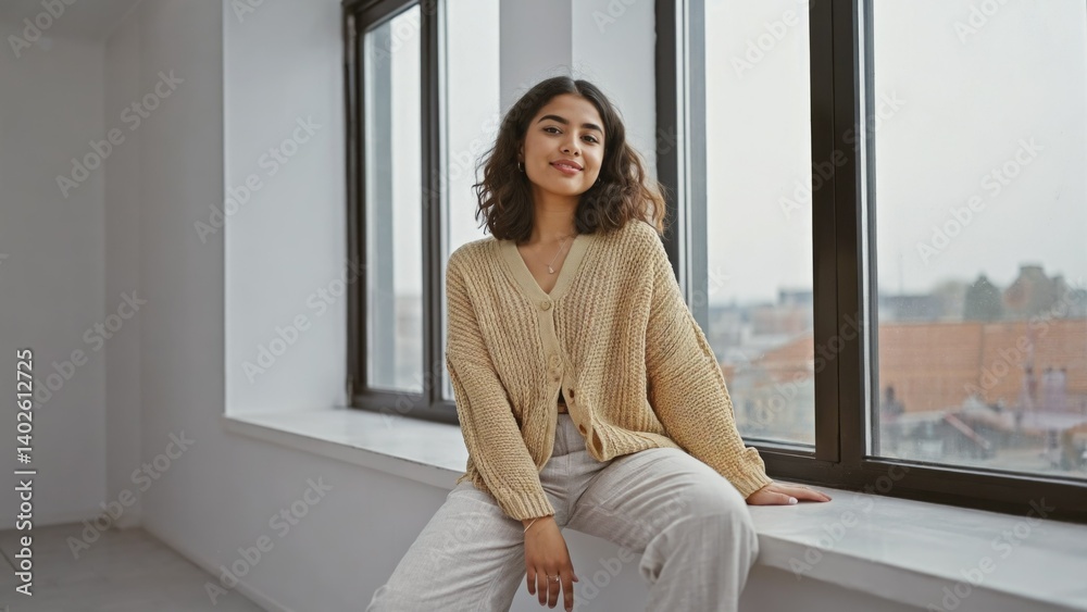 Woman sitting by window, smiling at camera; casual attire; light interior setting; cityscape seen through window