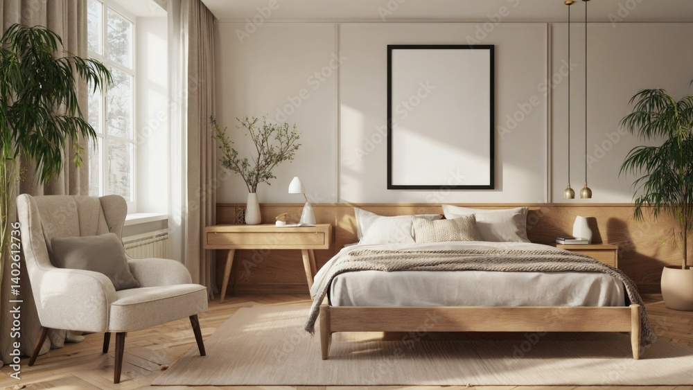 Minimalistic living room with wooden decor and natural light from windows.