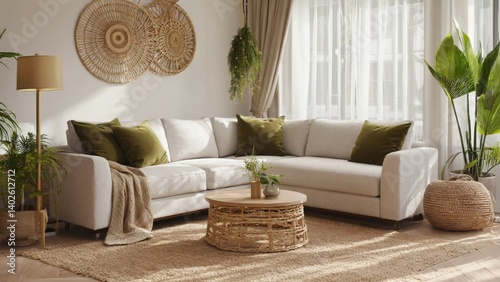 Obraz na płótnie Modern furniture arrangement with neutral tones and natural accents. w salonie