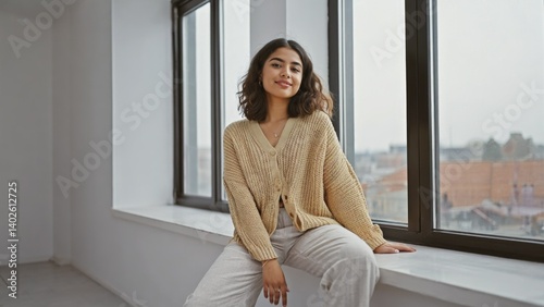 Obraz na płótnie Woman sitting by window, smiling at camera; casual attire; light interior setting; cityscape seen through window w salonie