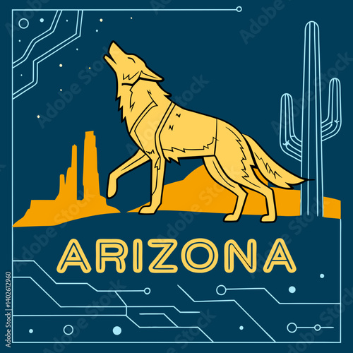 Geometric Arizona Desert Howling Wolf Cactus Graphic