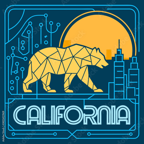California Polygonal Bear Digital City Skyline Sunset Graphic Art