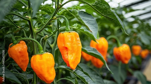 Close-Up of Vibrant Spicy Habanero Peppers Growing in a Greenhouse Environment