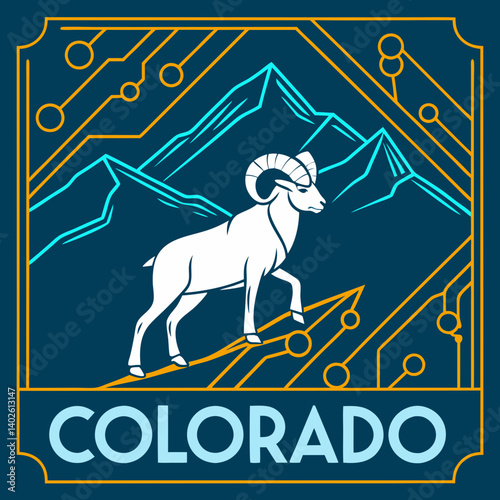 Colorado Ram Mountain Teal Gold Geometric Tech Graphic Design