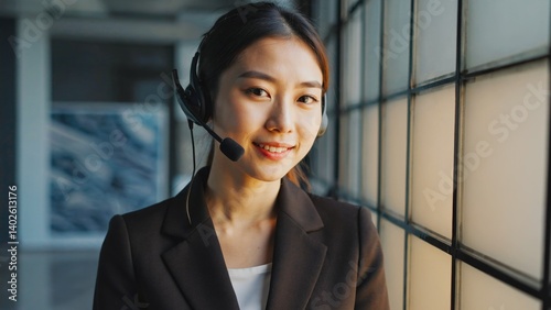 A smiling Asian woman wearing a professional business headset in an office environment.