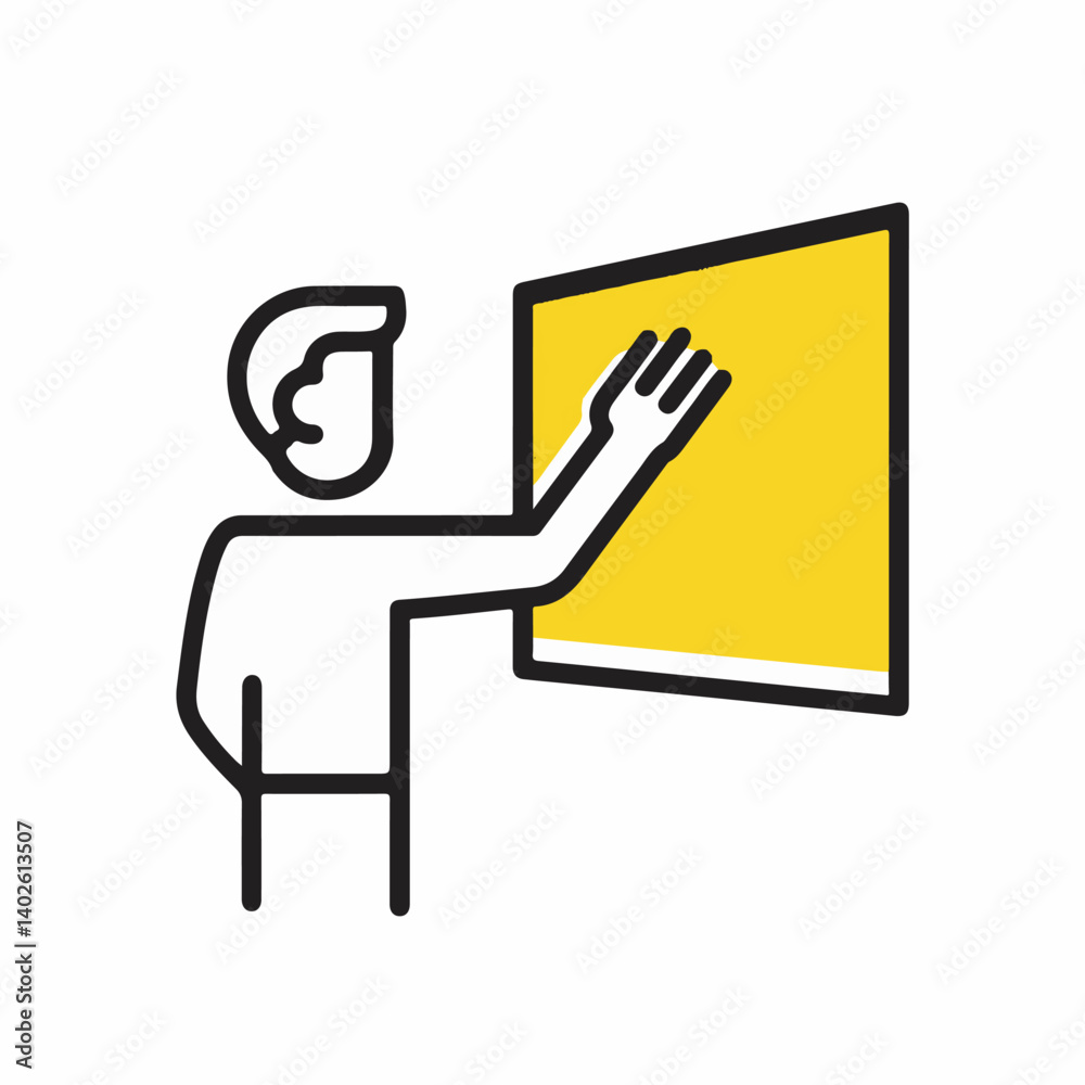 Abstract person touches yellow screen display graphic isolated Abstract person touches yellow screen display graphic isolated