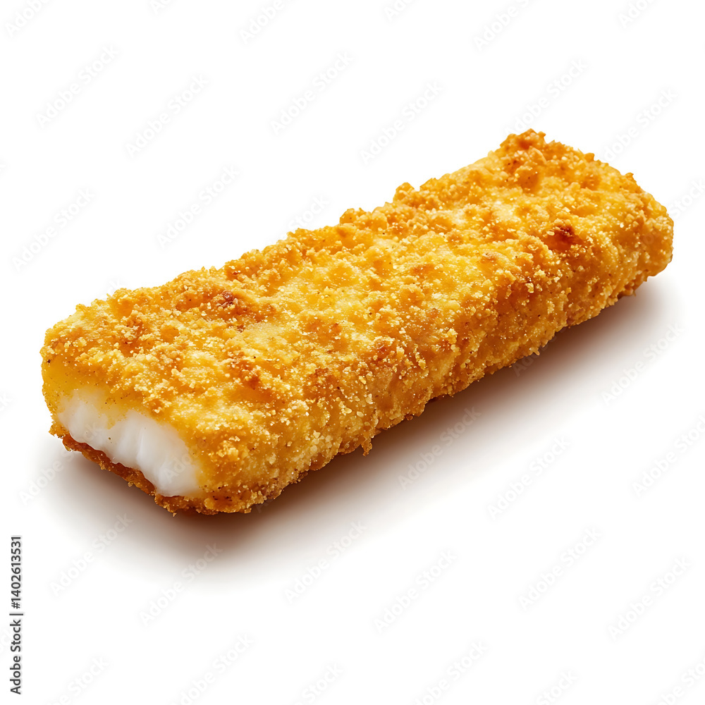 A golden crispy fish stick with a crunchy breadcrumb coating, tender white fish interior, and evenly fried surface A golden crispy fish stick with a crunchy breadcrumb coating, tender white fish interior, and evenly fried surface
