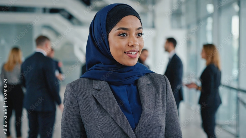 A smiling Muslim businesswoman in a corporate suit, standing among colleagues in an office environment.