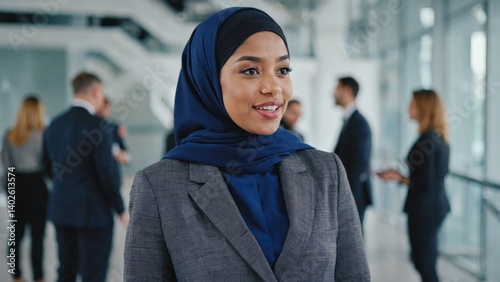 Obraz na płótnie A smiling Muslim businesswoman in a corporate suit, standing among colleagues in an office environment. w salonie